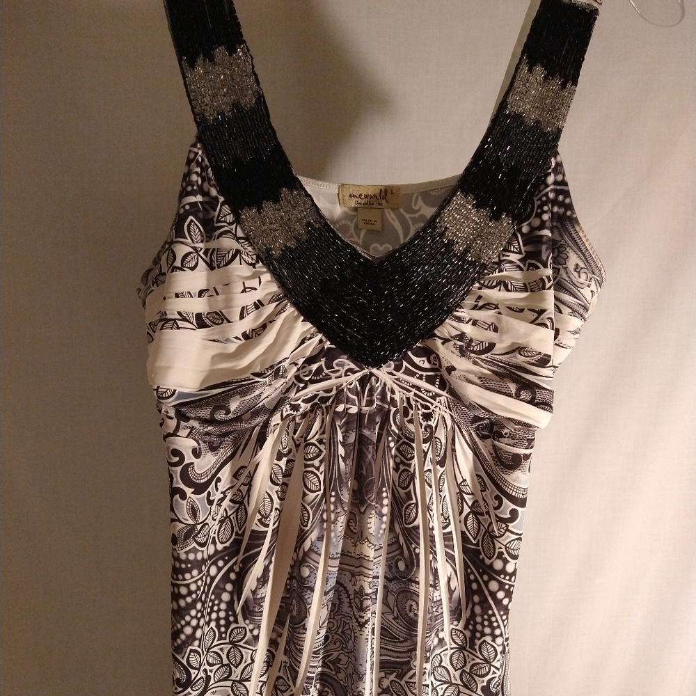 ONEWORLD "FLEUR DI LACE" BEADED BLACK MULTI-COLOR TOP